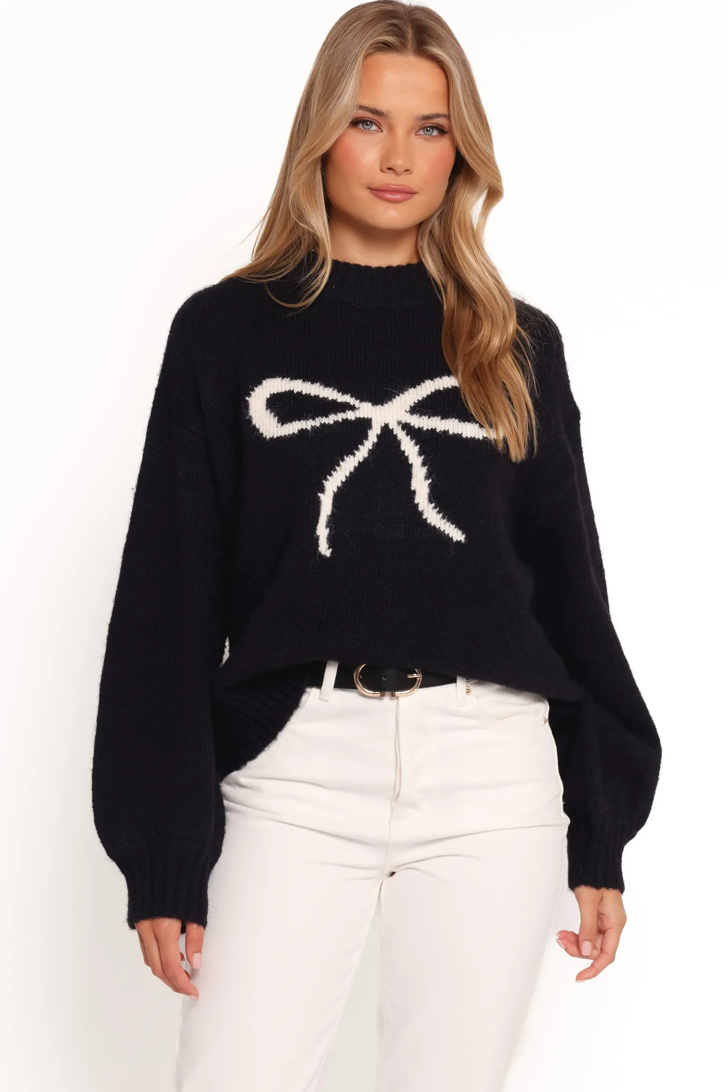 Cecelia Bow Print Mock Neck Knit Sweater