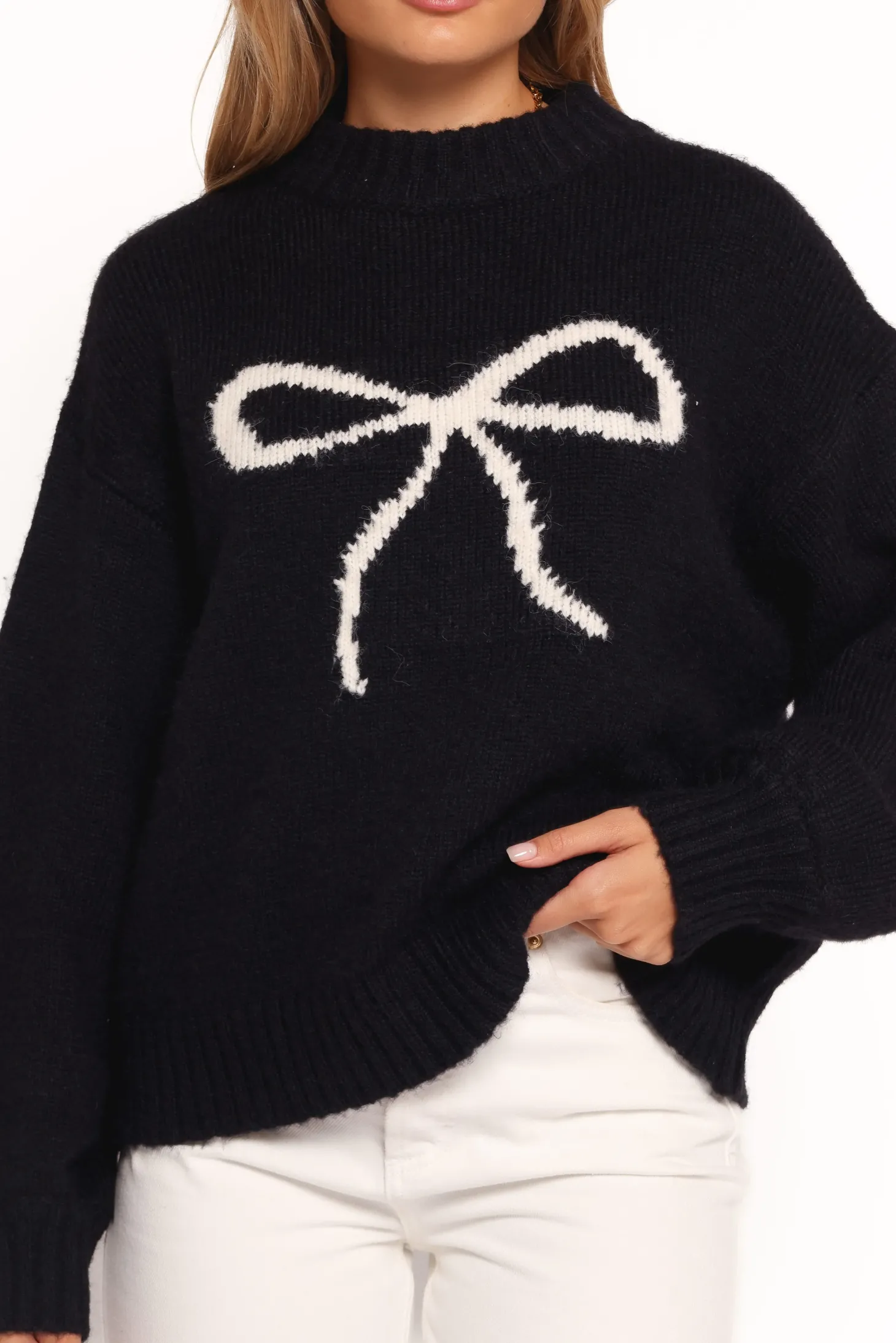 Cecelia Bow Print Mock Neck Knit Sweater