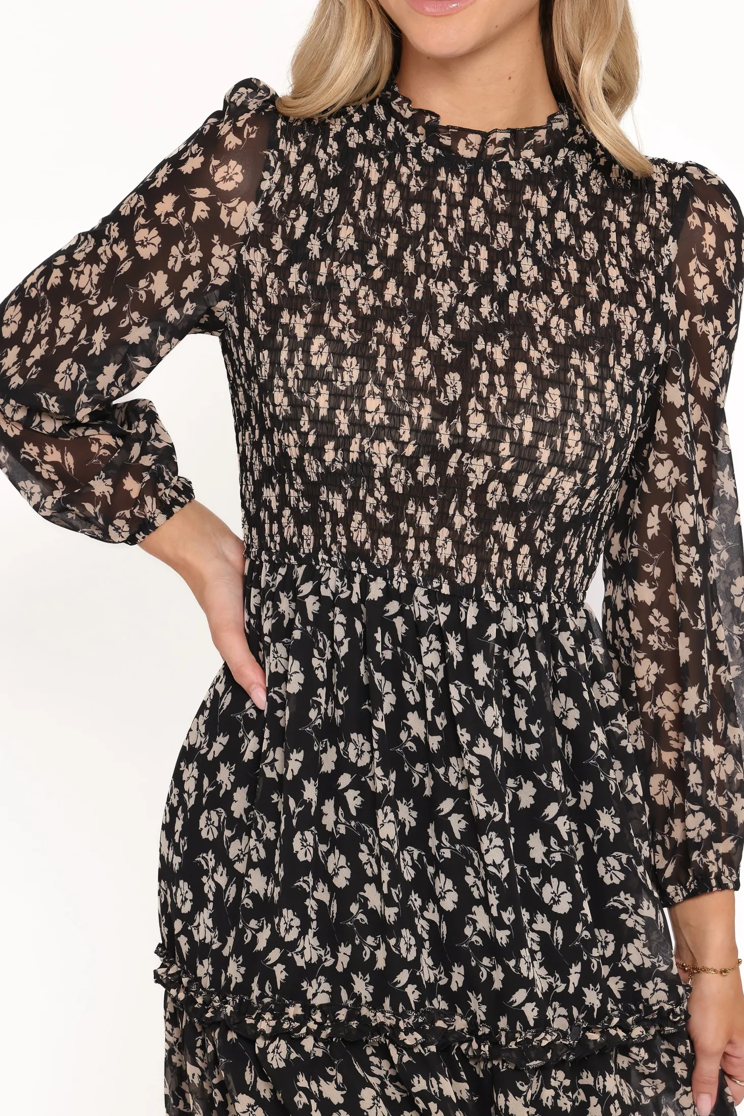 Edwina Shirred Frill Long Sleeve Midi Dress