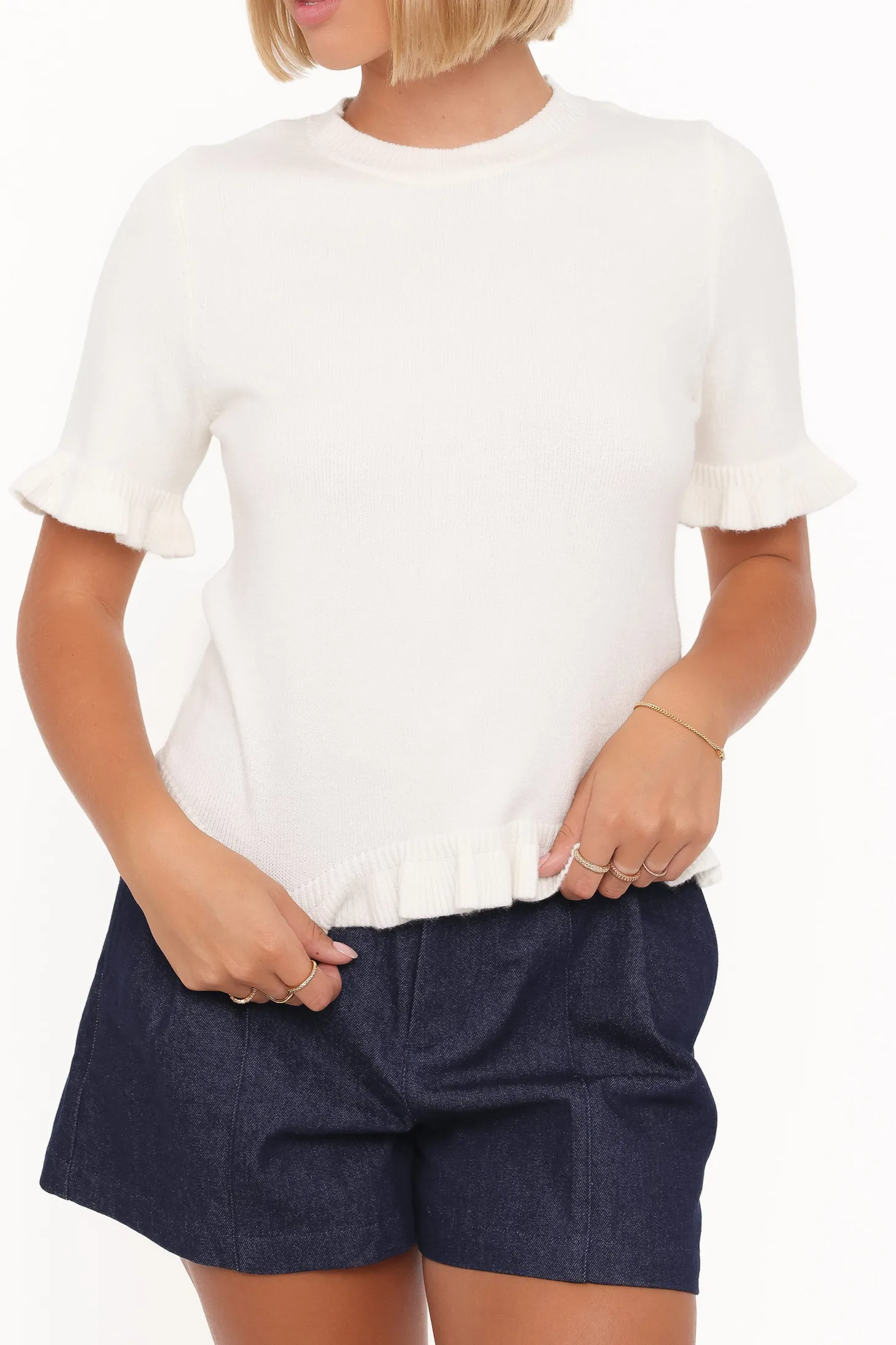 Emilie Short Sleeve Ruffle Crew Sweater