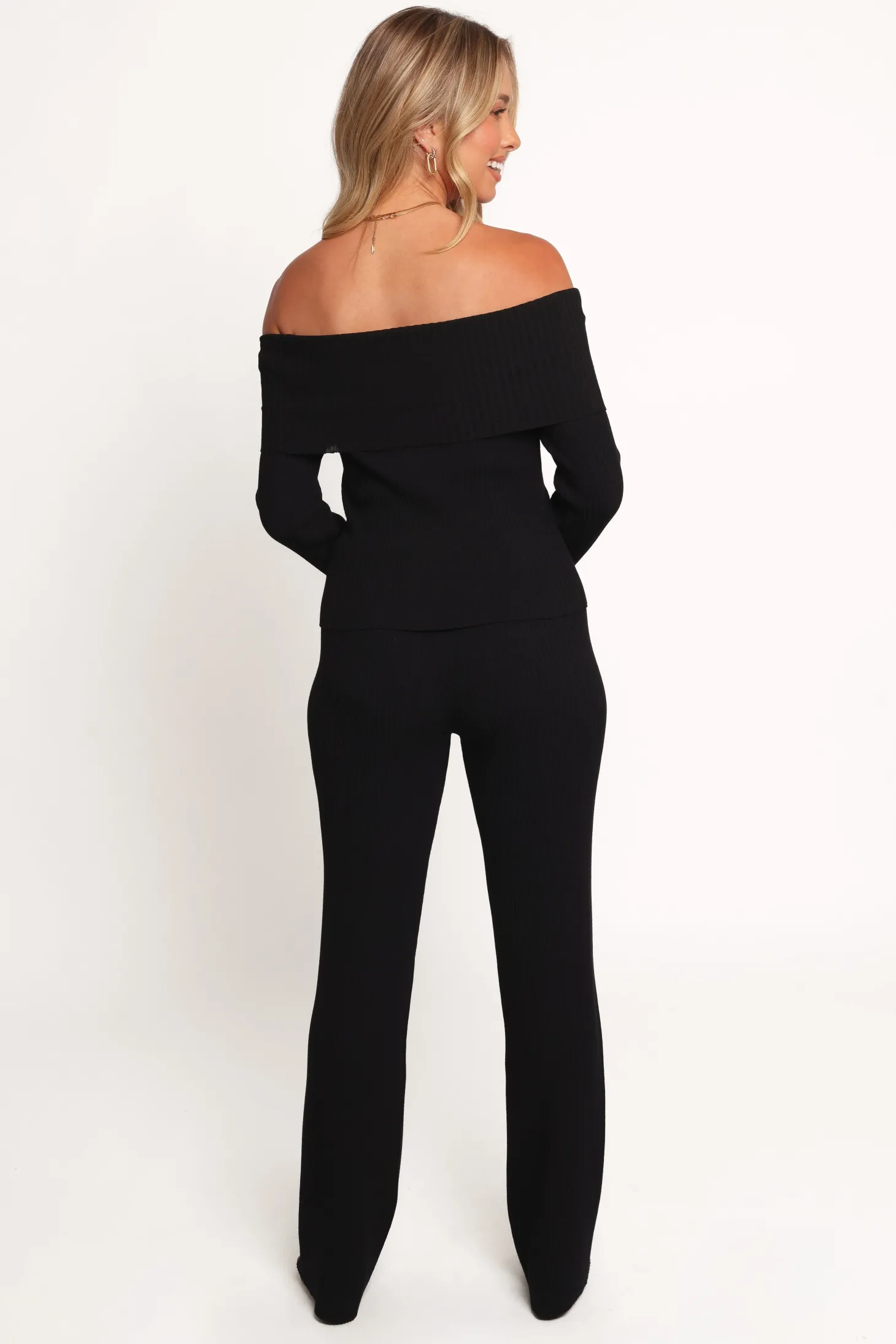 Gindie Ribbed Knit Off The Shoulder Pant Set