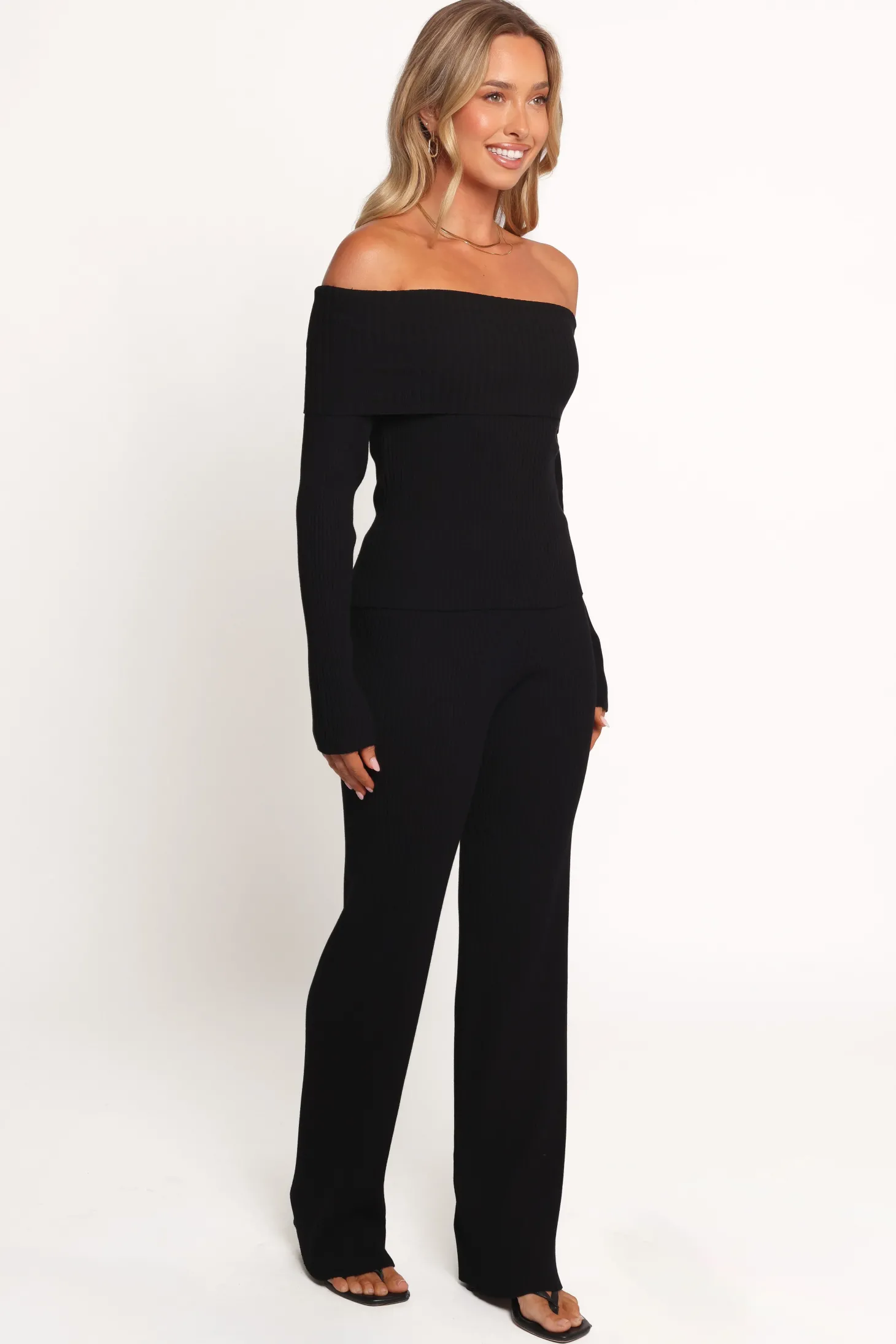 Gindie Ribbed Knit Off The Shoulder Pant Set