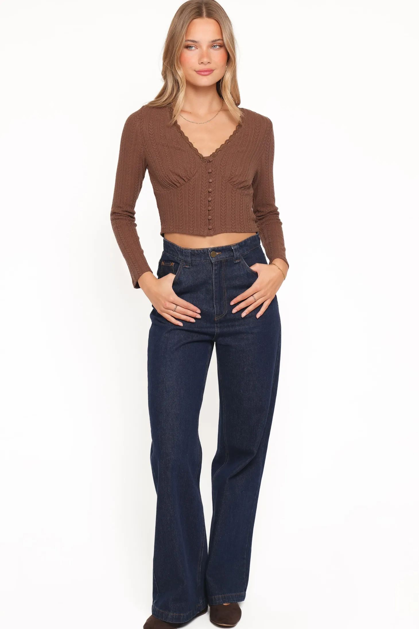 Leslie Long Sleeve Textured Button Front Top