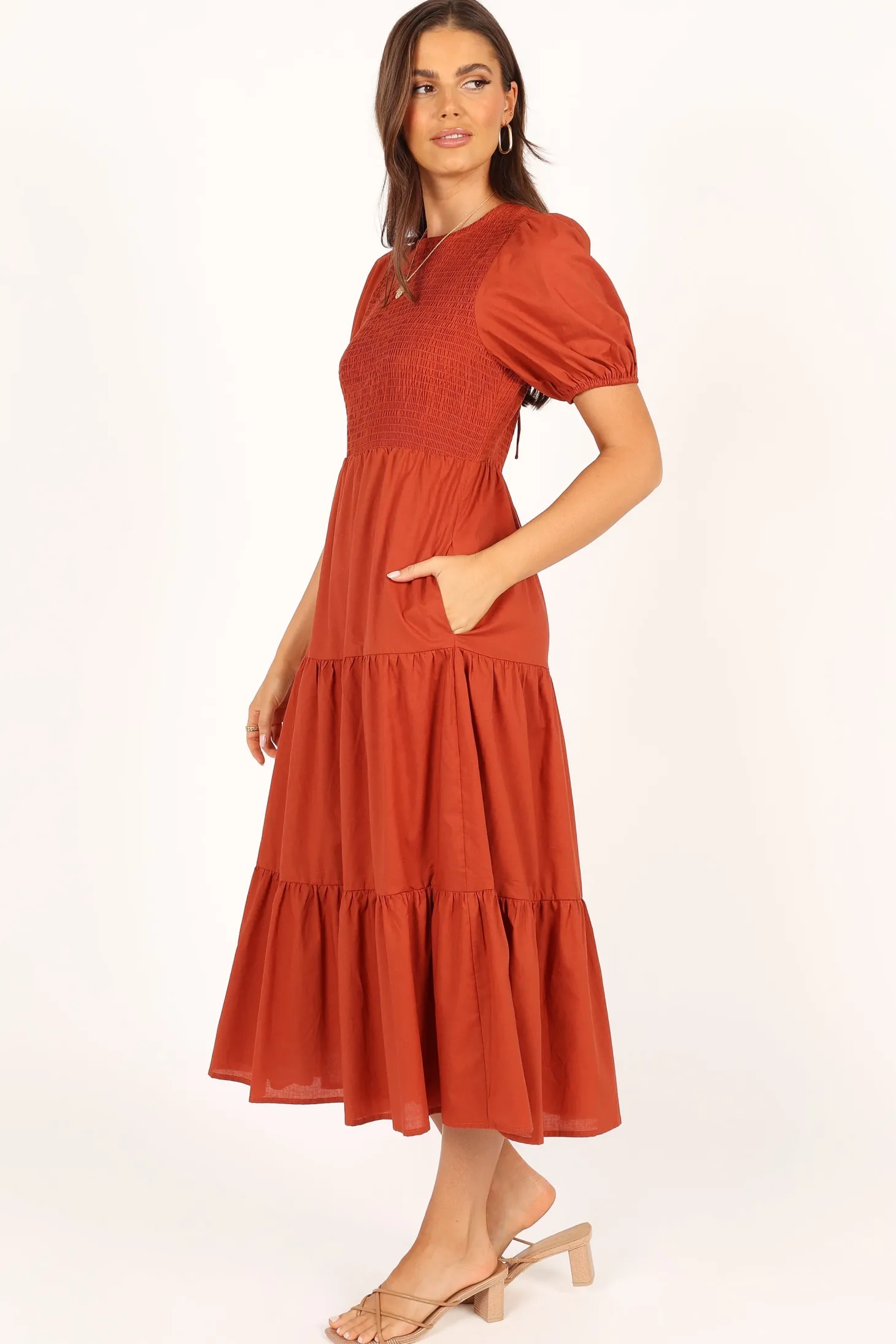 Naura Shirred Tiered Midi Dress