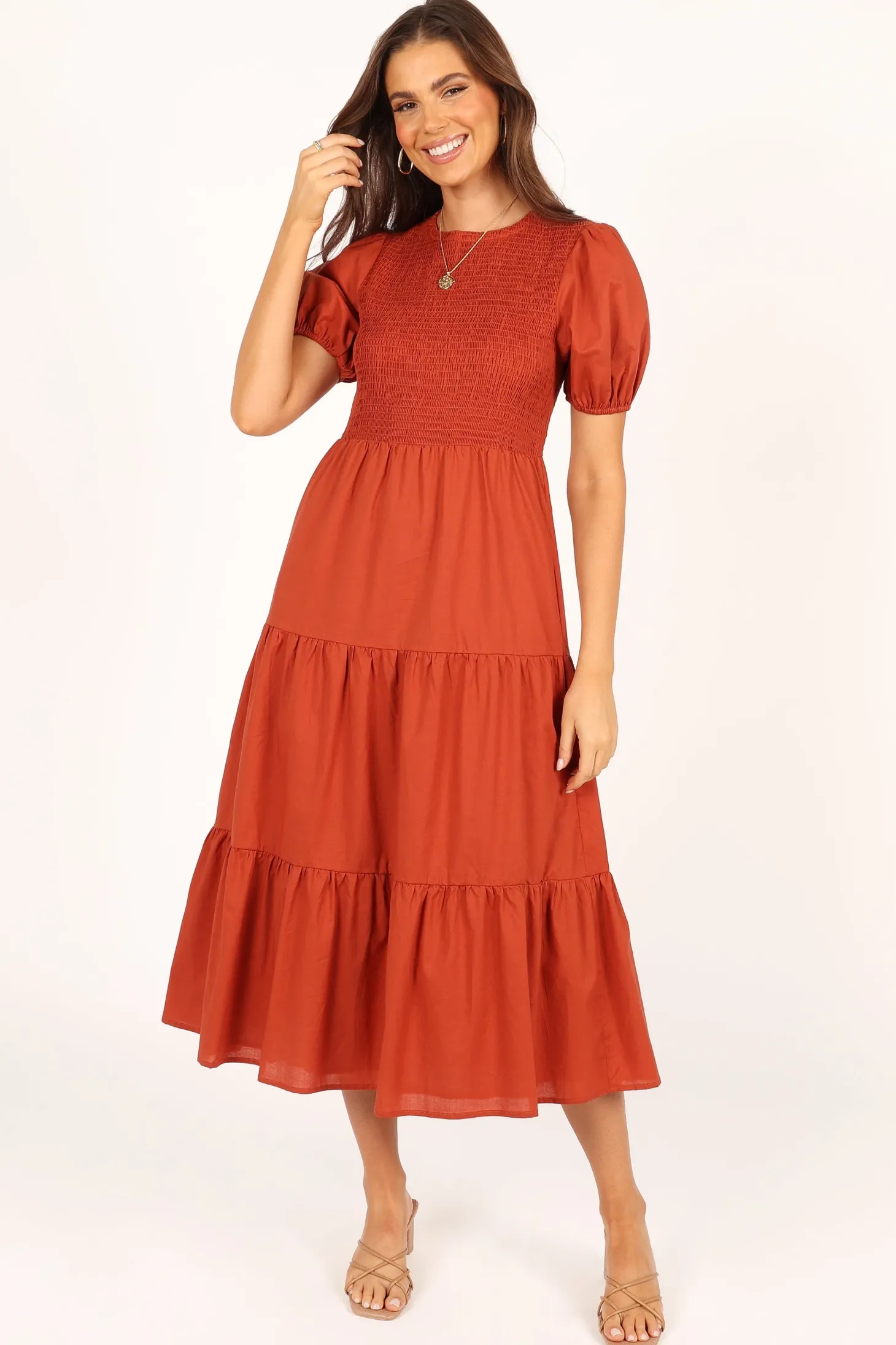 Naura Shirred Tiered Midi Dress