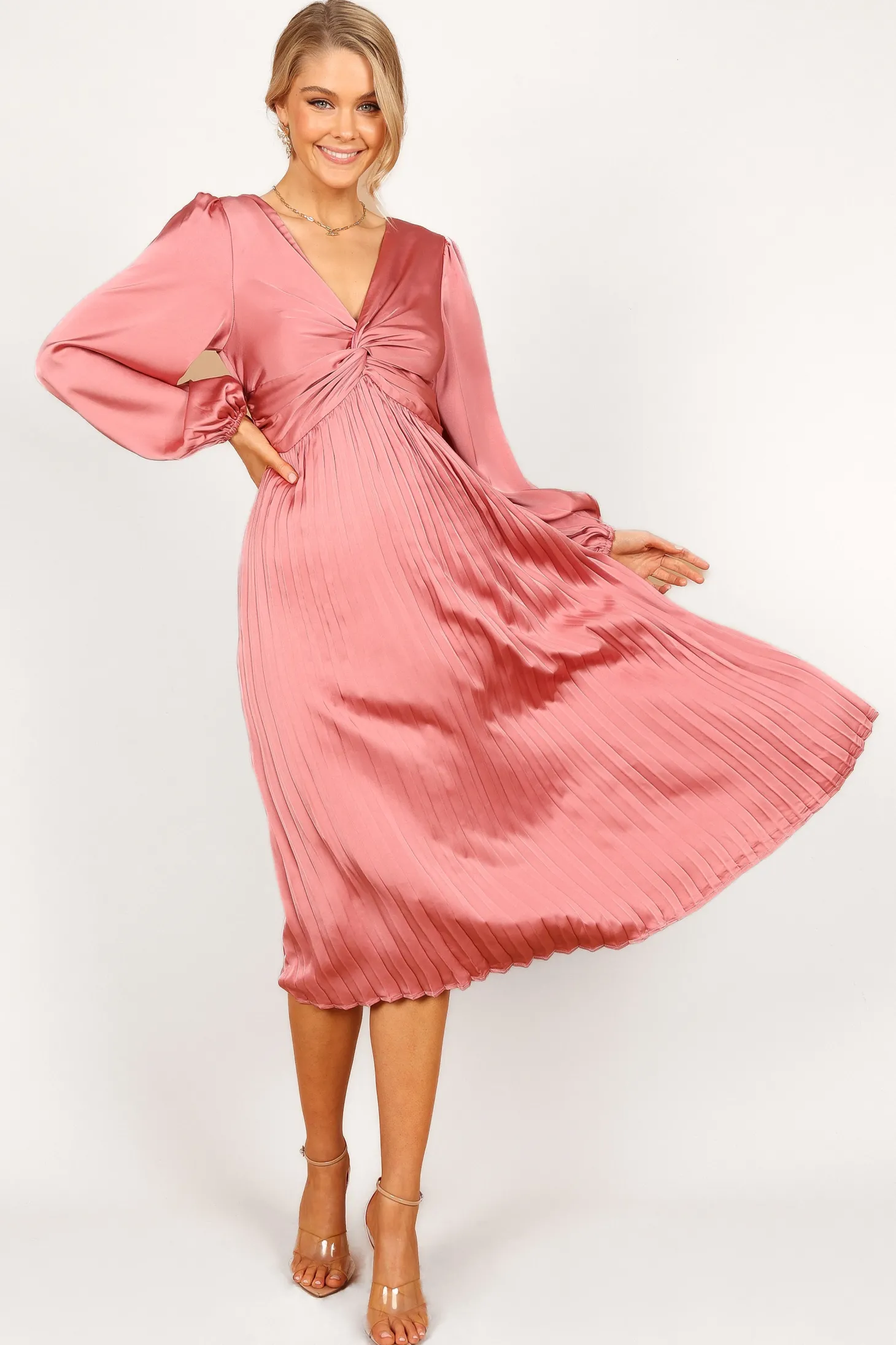 Noelle Twist Front Pleated Midi Dress