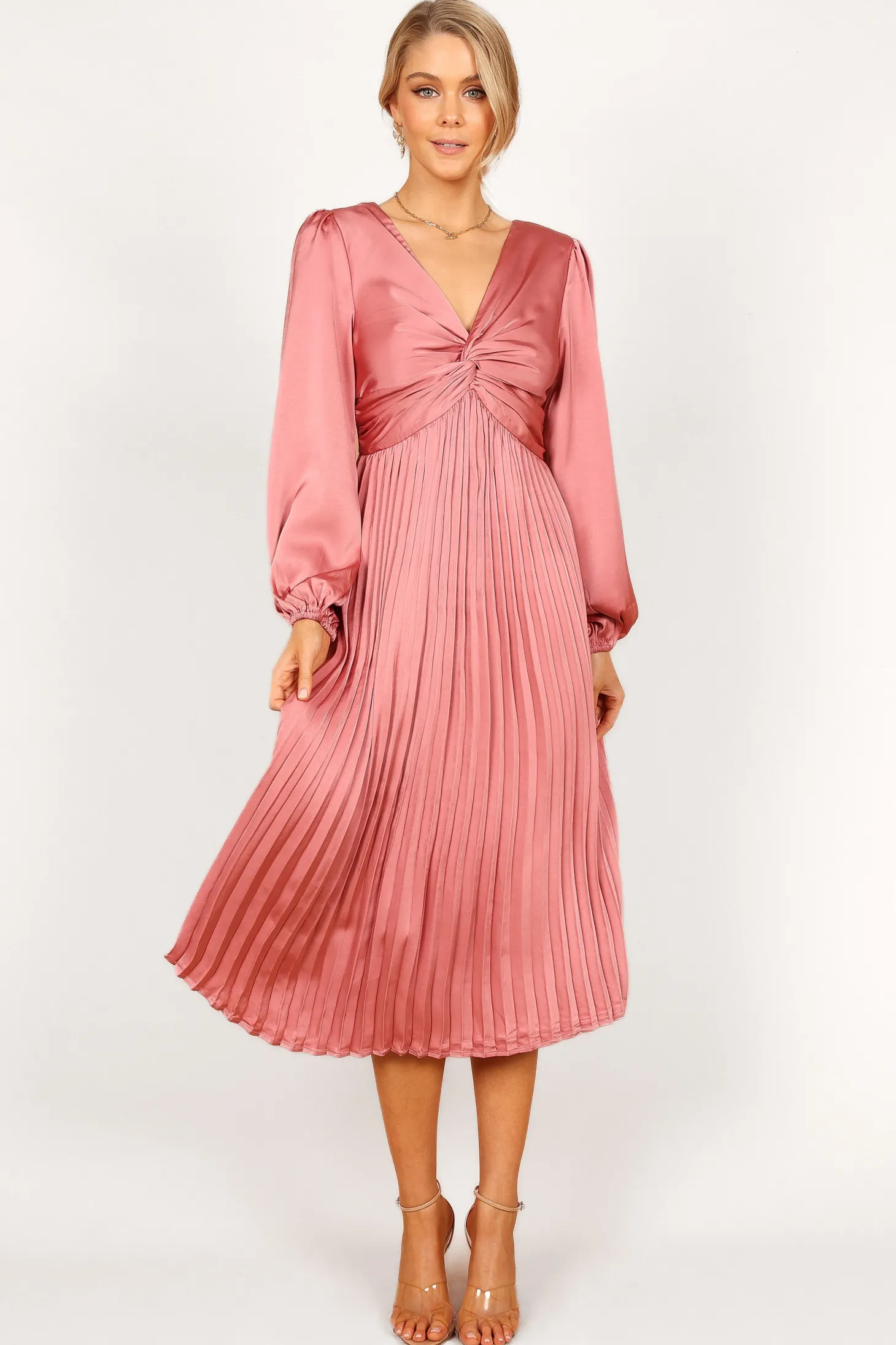 Noelle Twist Front Pleated Midi Dress