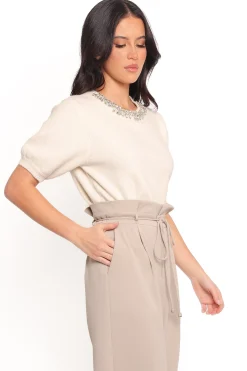 Orlana Embellished Neck Short Sleeve Sweater