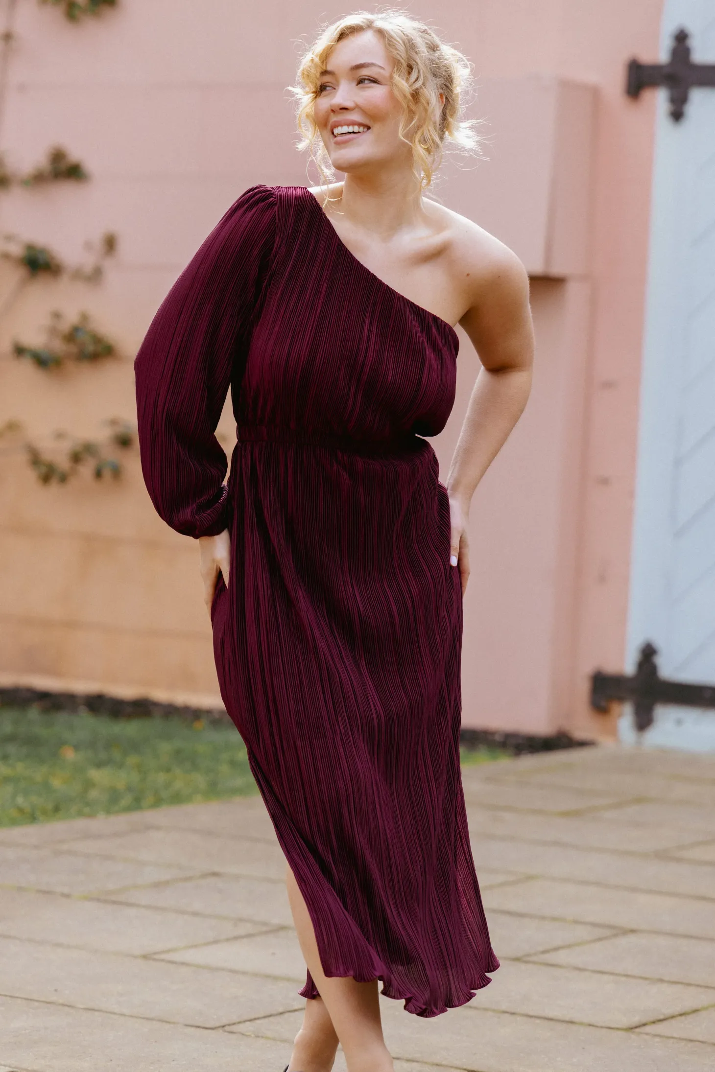 Pontee One Shoulder Pleated Midi Dress