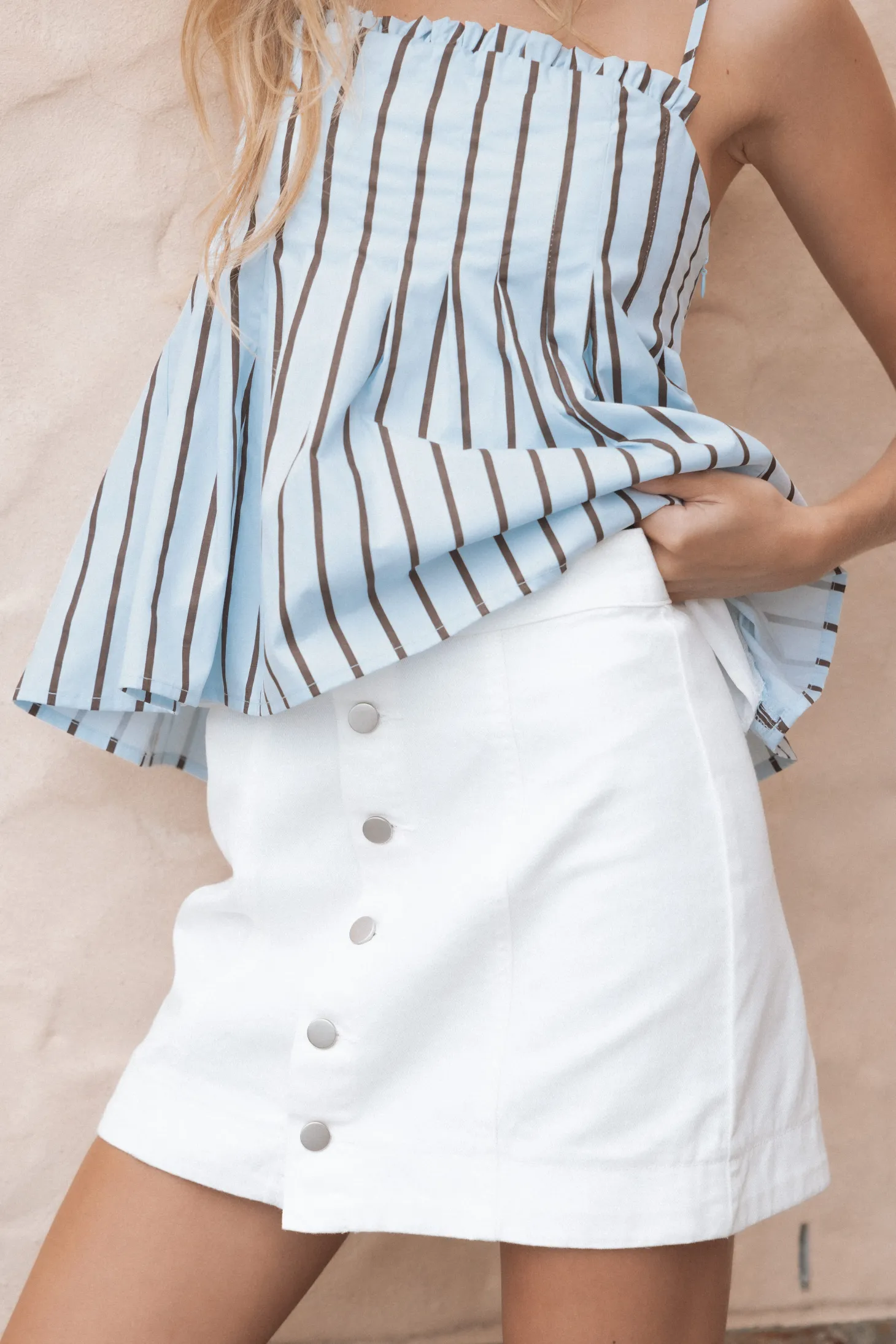 Sara Button Front Denim Mini Skirt
