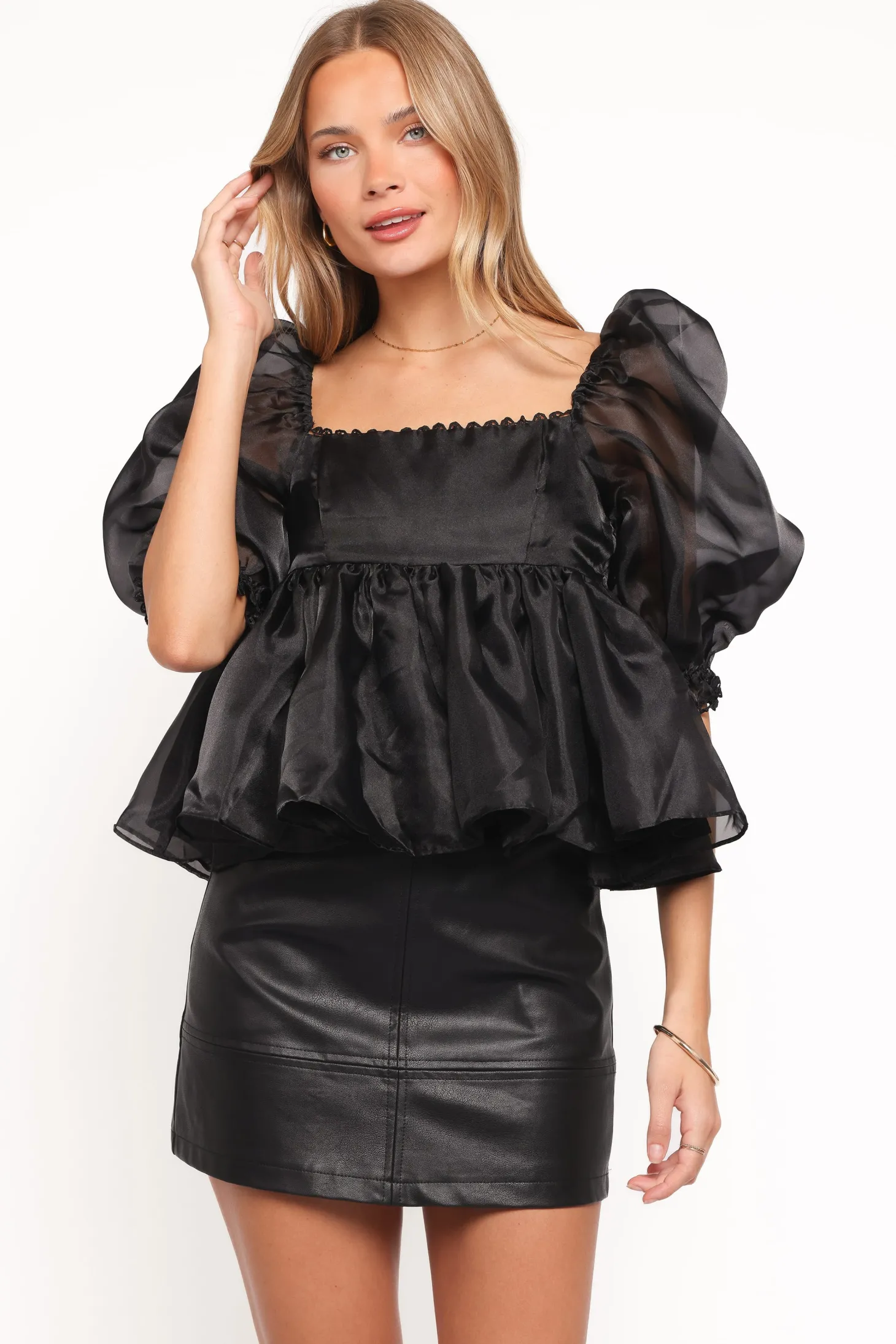 Solenne Puff Sleeve Peplum Organza Top