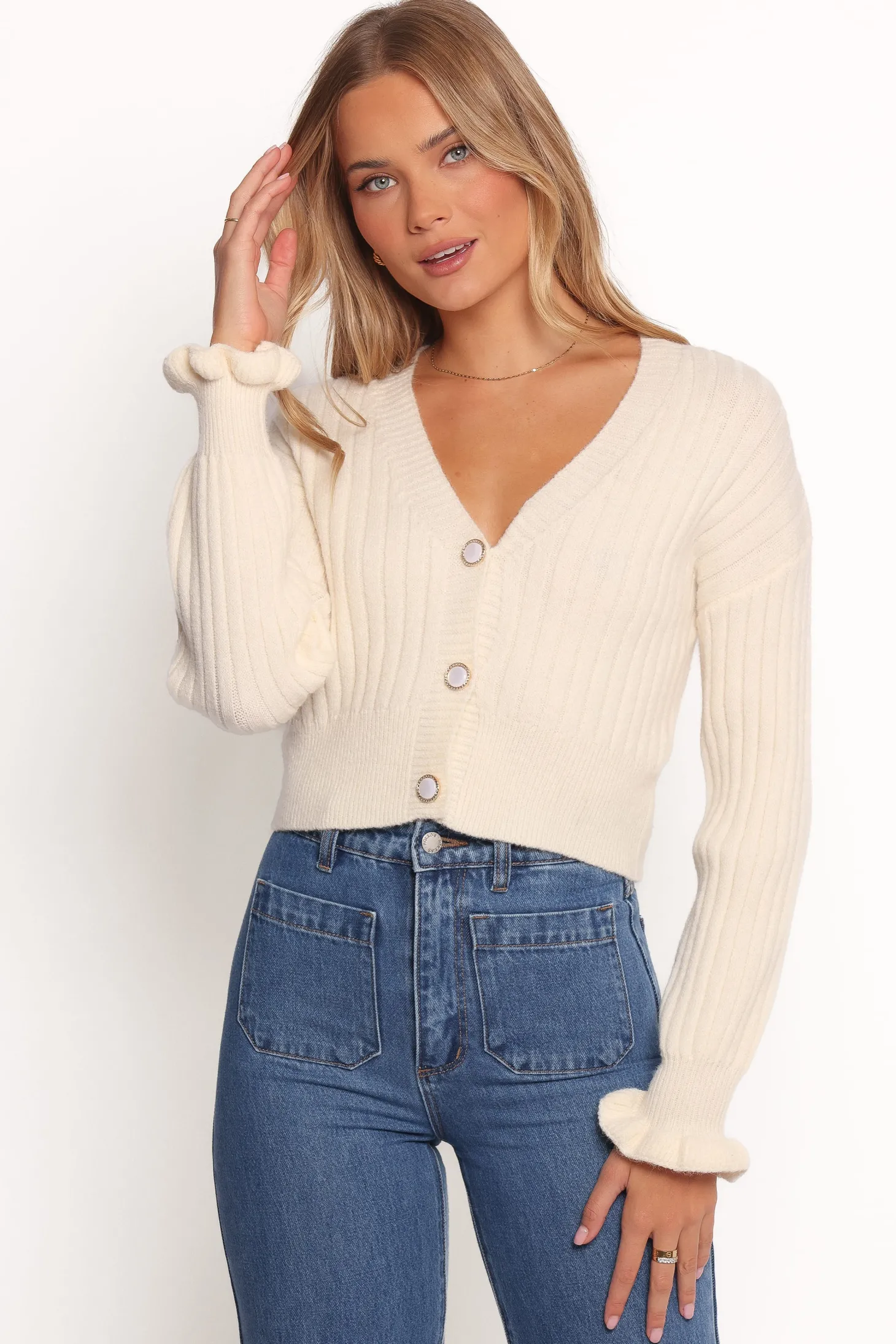 Zana Ribbed Ruffle Cuff Knit Sweater