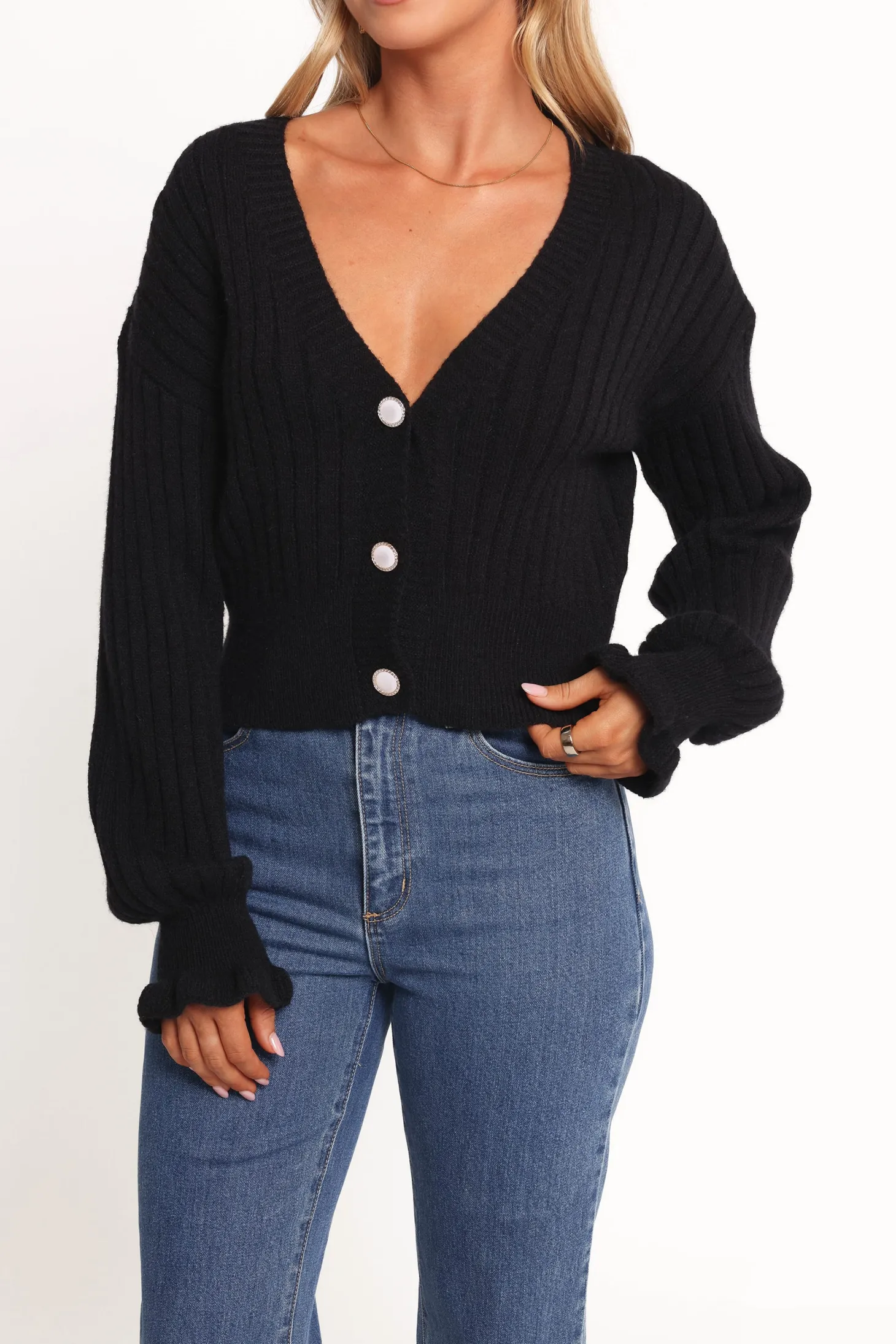 Zana Ribbed Ruffle Cuff Knit Sweater